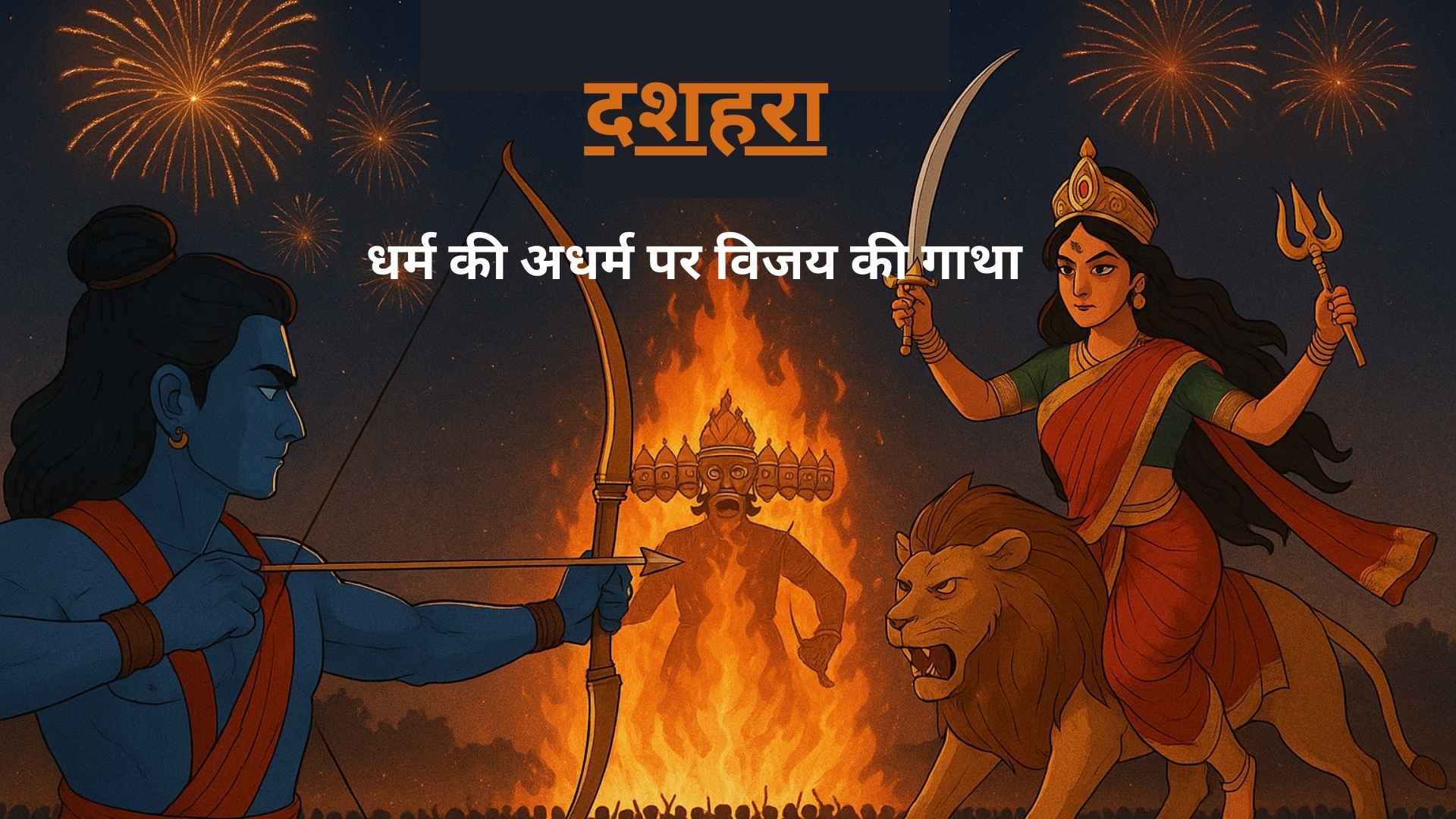 Dussehra 2026 में भगवान राम धनुष-बाण साधे हुए और माँ दुर्गा शेर पर सवार, रावण दहन और आतिशबाज़ी के साथ विजयादशमी का दृश्य
