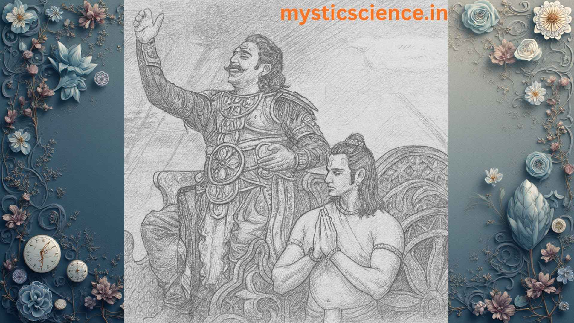 Ahankar aur Vinamrata का प्रतीक चित्र — एक राजसी योद्धा और एक विनम्र साधक का रेखाचित्र, जो जीवन में ज्ञान, शक्ति और नम्रता के संतुलन को दर्शाता है।