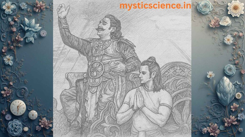 Ahankar aur Vinamrata का प्रतीक चित्र — एक राजसी योद्धा और एक विनम्र साधक का रेखाचित्र, जो जीवन में ज्ञान, शक्ति और नम्रता के संतुलन को दर्शाता है।